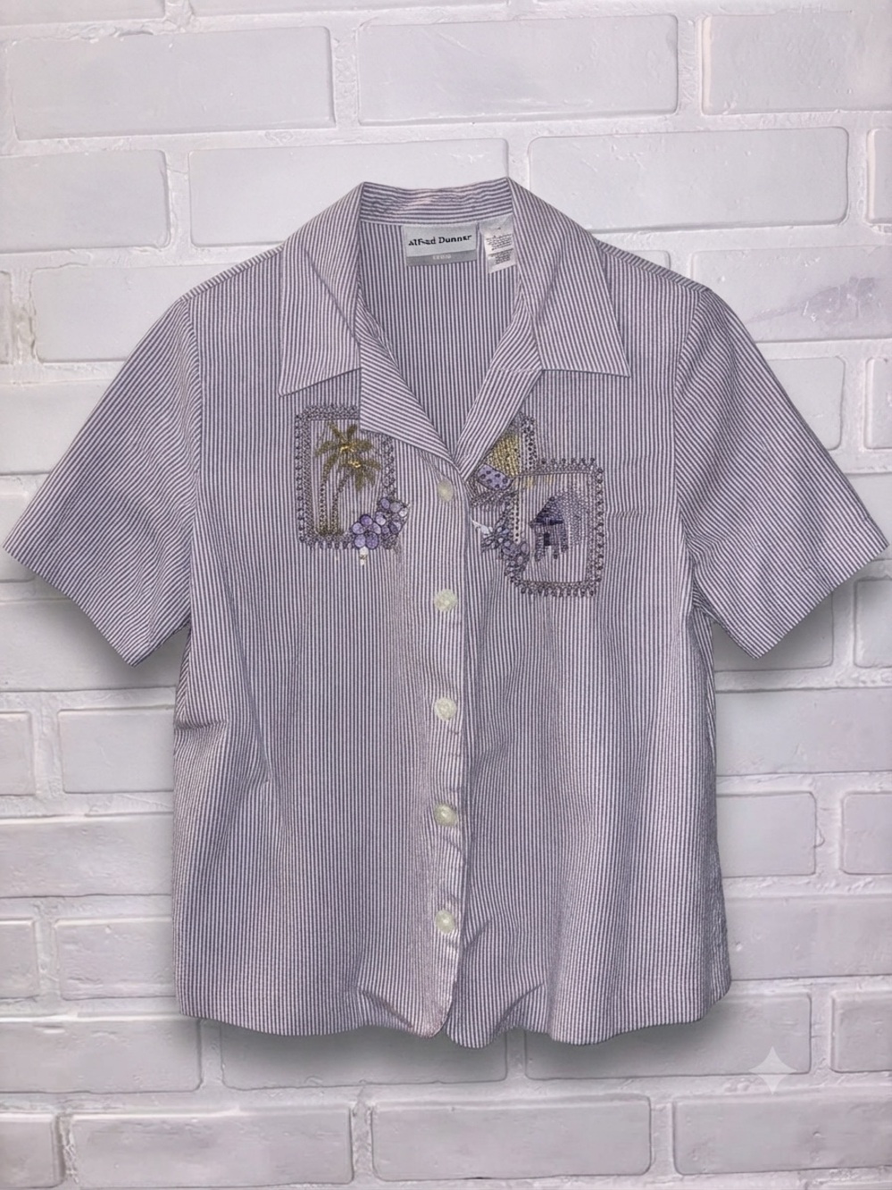 Alfred Dunner Lavender Striped Embroidered Button-Down Shirt